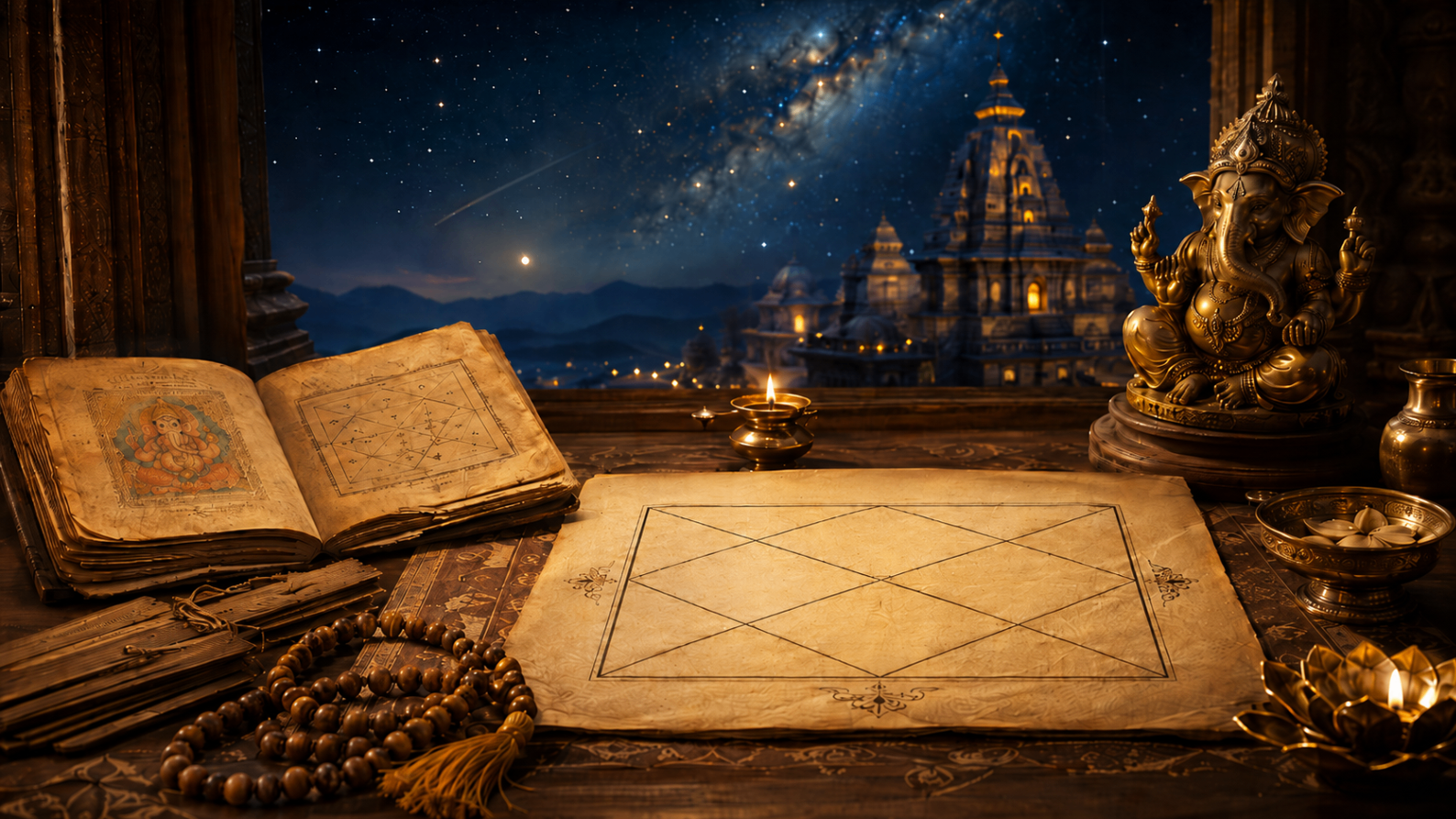 Thème védique Jyotish avec manuscrit, lampe à huile et ambiance traditionnelle indienne.