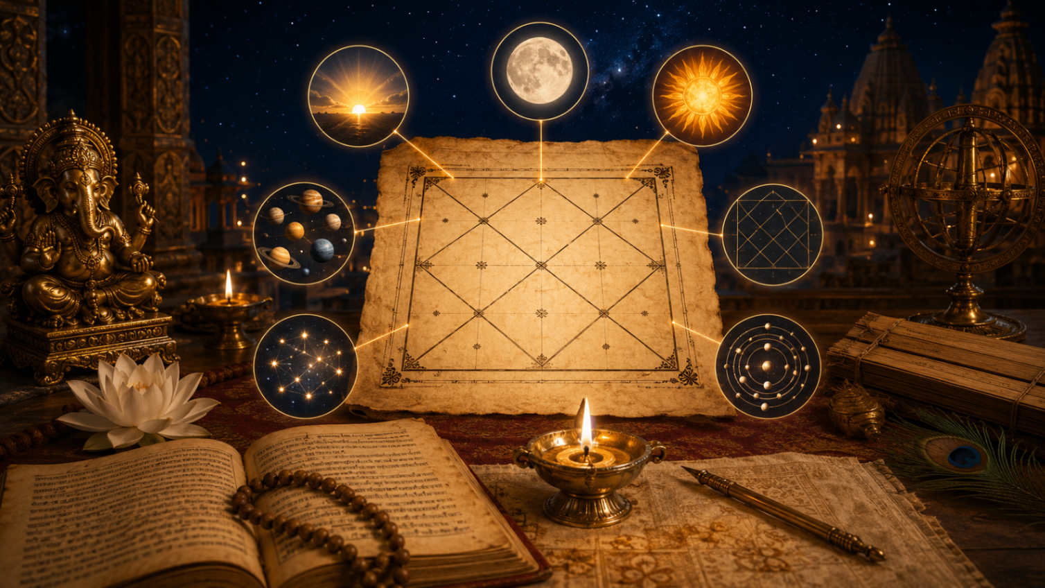 Points clés d'un thème védique : Ascendant, Lune, Soleil, planètes, maisons, Nakshatras et Dashas.