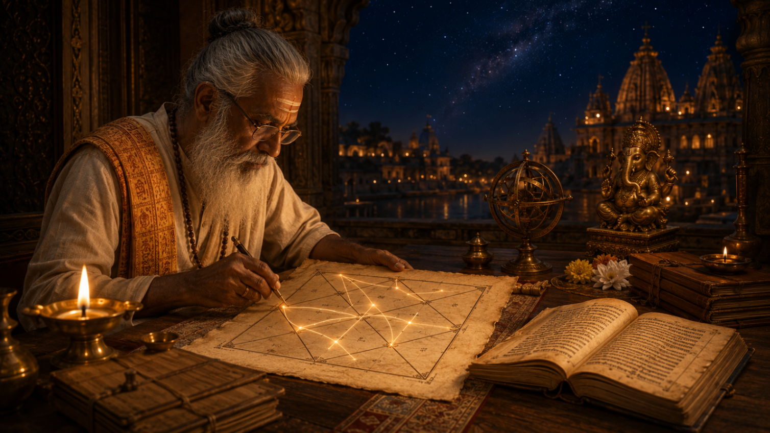 Étude méthodique d'un thème natal védique avec manuscrits, Jyotish et tradition indienne.